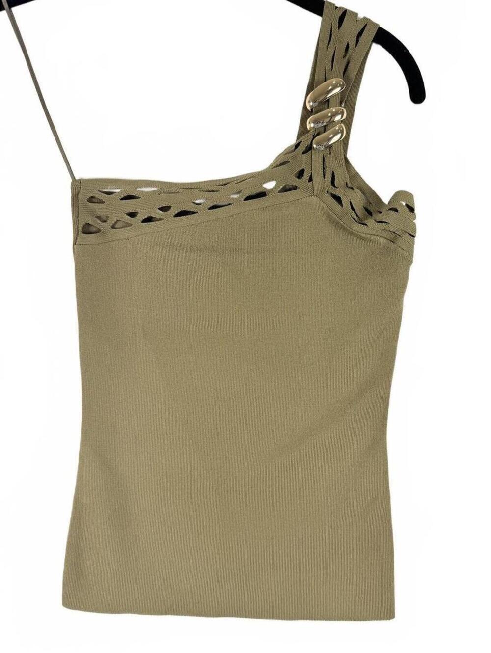 NEW Zara Women's Olive Green Asymmetric One-Shoulder Knit Top Gold Hardware XS